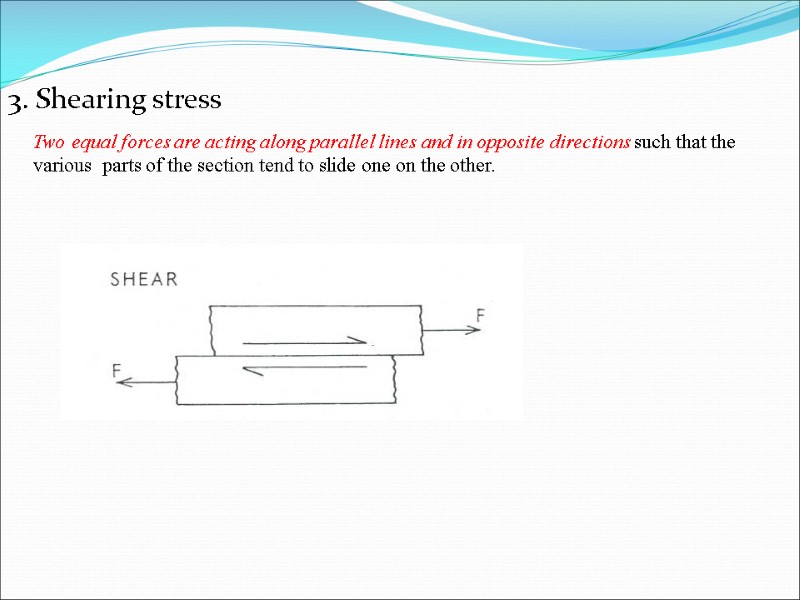 3. Shearing stress  Two equal forces are acting along parallel lines and in